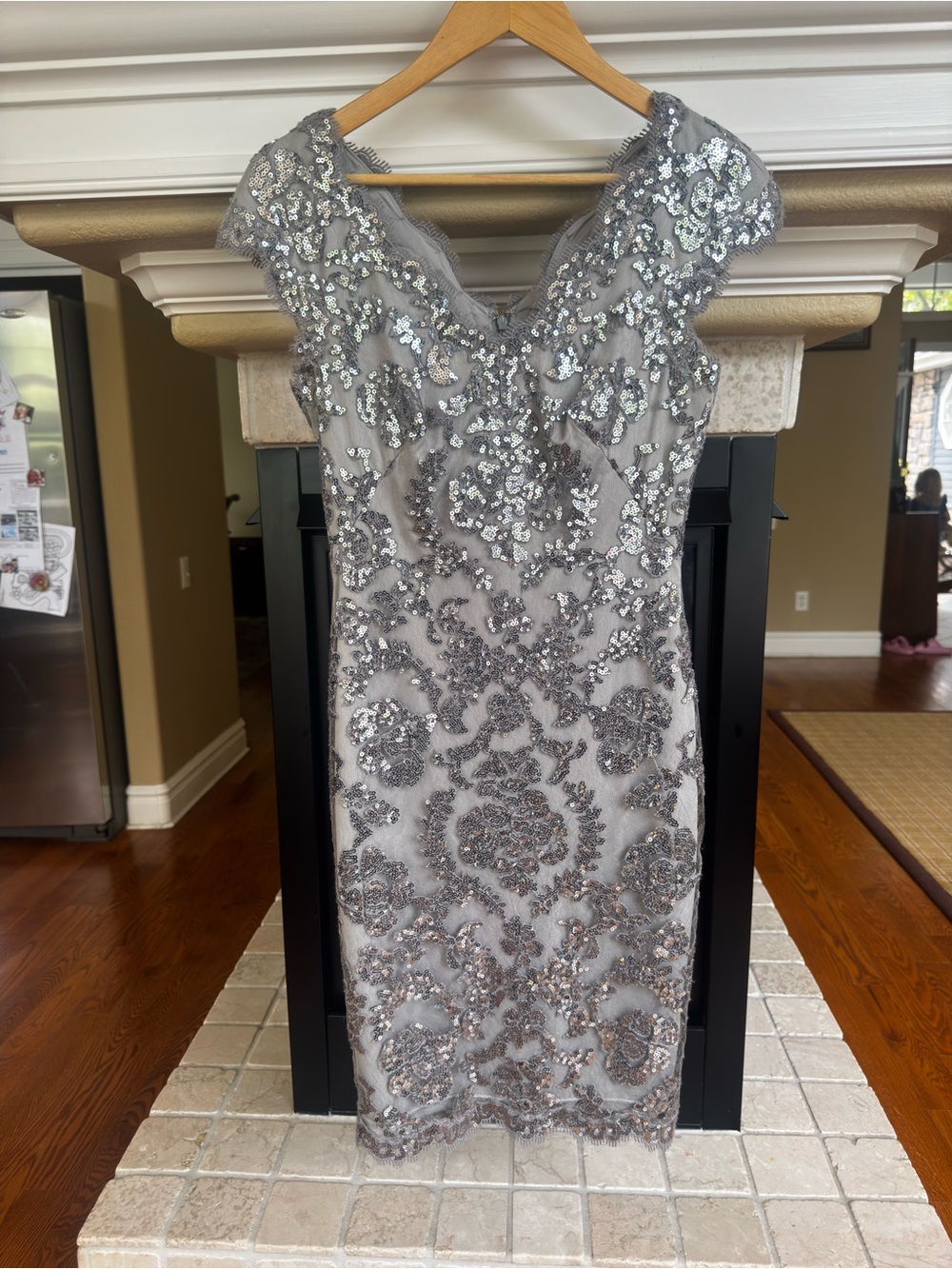 Tadashi Shoji Silver Paillette Embroidered Lace Sheath Dress Wedding Guest 2